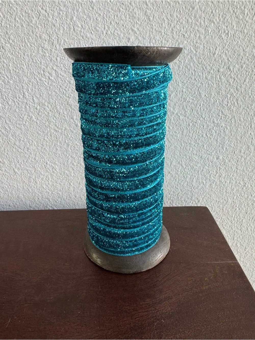 Decorative wooden spool wrapped with metallic blue ribbon NWOT 10 yds